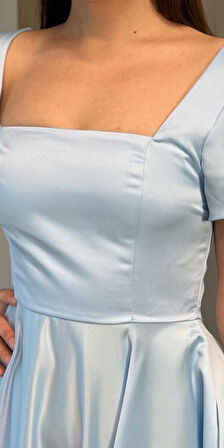 Mavi Kısa Kollu Kurdele Detaylı  Kloş Etekli Saten Midi Abiye Elbise 7673