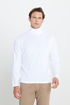 Erkek Ekru Standart Fit Normal Kesim Tam Balıkçı Yaka Triko Kazak