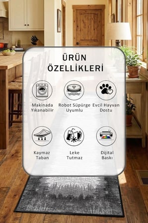 Siyah Mutfak Halısı Yıkanabilir Kaymaz Leke Tutmaz Dijital Baskı