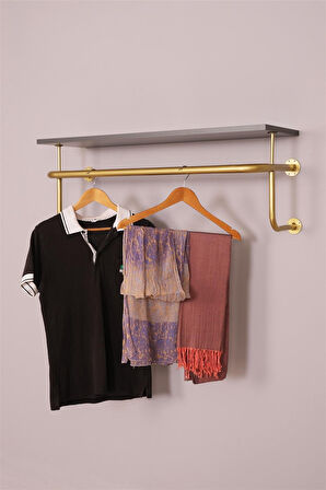 Destekli ve Raflı Yuvarlak Borudan U Askı 90 cm Gold