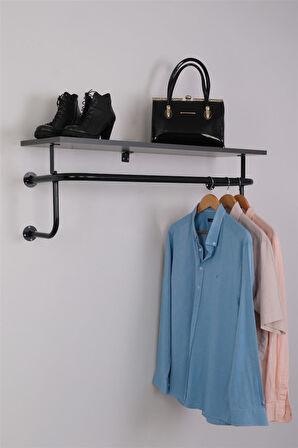 Destekli ve Raflı Yuvarlak Borudan U Askı 90 cm Siyah