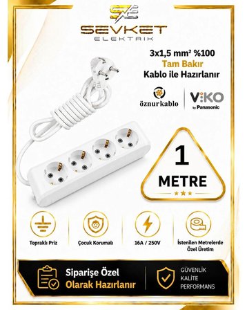 Viko 4'lü Grup Priz 1 Metre Beyaz 3x1,5 Mm Kalın Kablolu Uzatma Kablosu