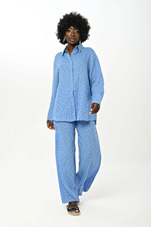 KADIN ÖNÜ TAŞ İŞLEMELİ OVERSİZE KESİM KETEN GÖMLEK