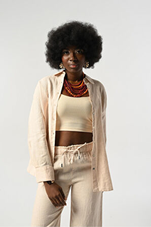 KADIN %100 KETEN ÖNÜ ŞERİT VE ARKASI DÜĞME DETAYLI GÖMLEK