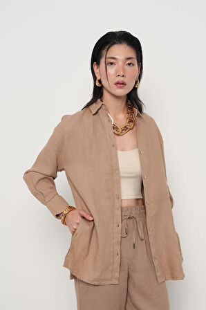 KADIN %100 KETEN YANLARI DÜĞME DETAYLI GÖMLEK