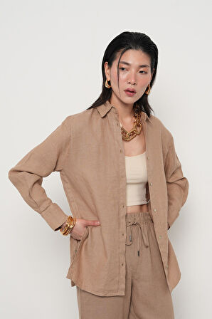 KADIN %100 KETEN YANLARI DÜĞME DETAYLI GÖMLEK