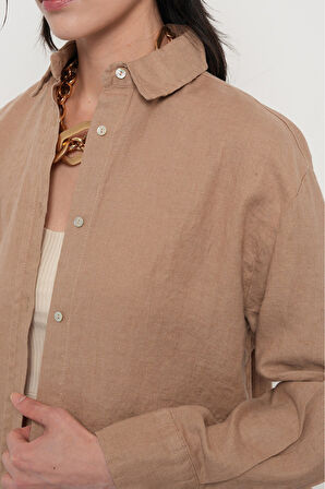 KADIN %100 KETEN YANLARI DÜĞME DETAYLI GÖMLEK