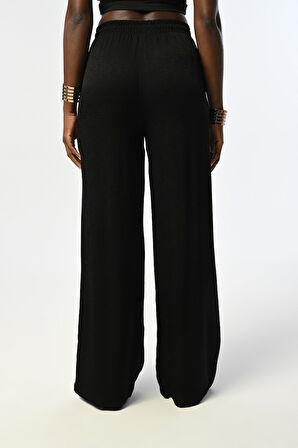 KADIN BELİ LASTİKLİ BOL PAÇA DESENLİ SİYAH RENK PANTOLON