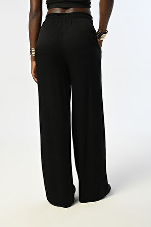 KADIN BELİ LASTİKLİ BOL PAÇA DESENLİ SİYAH RENK PANTOLON