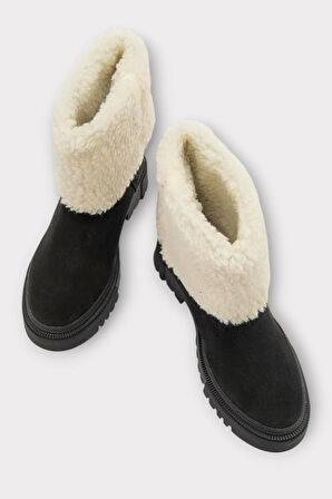 Kalın Taban Süet Kürklü Kadın Bot SİYAH