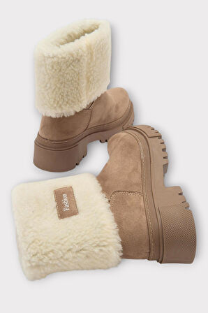 Kalın Taban Süet Kürklü Kadın Bot BEJ