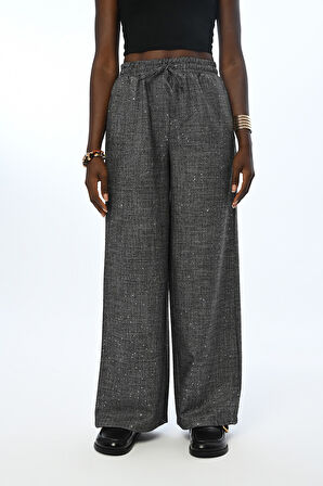 KADIN BELİ LASTİKLİ BOL PAÇA PUL İŞLEMELİ PANTOLON