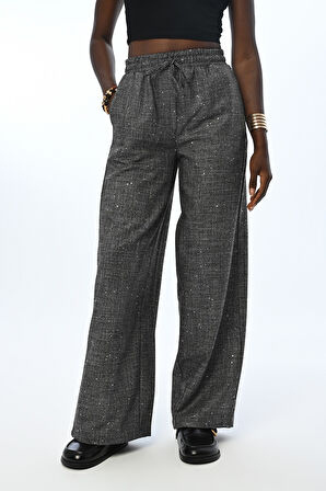 KADIN BELİ LASTİKLİ BOL PAÇA PUL İŞLEMELİ PANTOLON