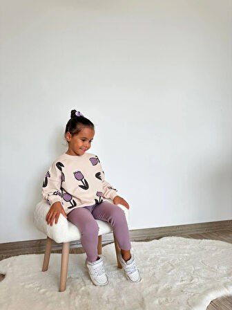Kız Çocuk 3 iplik Pamuklu Kumaş Lale Desenli Sweatshirt ve FitilliTayt Alt Üst Takım