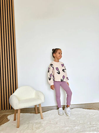Kız Çocuk 3 iplik Pamuklu Kumaş Lale Desenli Sweatshirt ve FitilliTayt Alt Üst Takım