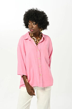 KADIN DÜZ RENK TEK CEPLİ %100 KETEN GÖMLEK