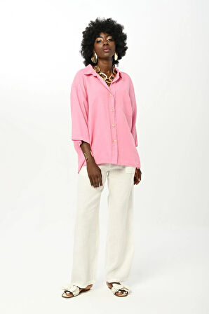 KADIN DÜZ RENK TEK CEPLİ %100 KETEN GÖMLEK