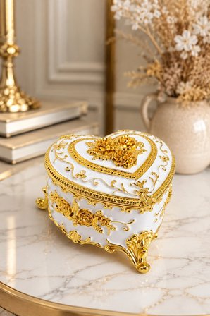 Kalp Şeklinde Mücevher Kutusu Gold İşlemeli Kristal Taşlı Takı Kutusu | 6x9 cm | 5 Renk Seçeneği