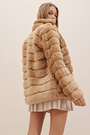 Kadın Camel Şık Peluş Suni Kürk Ceket HZL23W-DSB110061