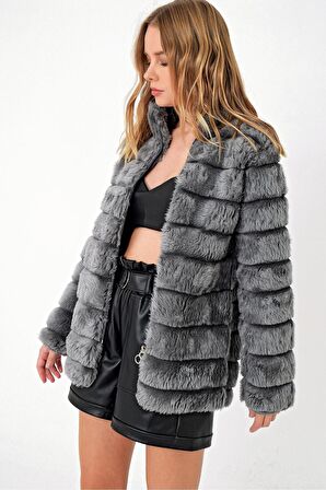 Kadın Antrasit Şık Peluş Suni Kürk Ceket HZL23W-DSB110061