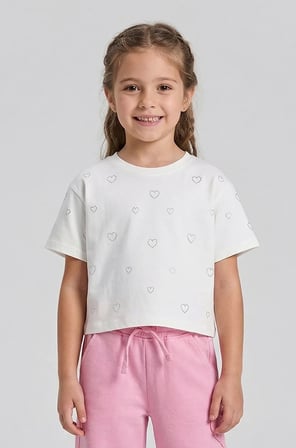 Kız Çocuk Crop Taşlı Kalp Desenli Tshirt Ekru 4- 9 Yaş