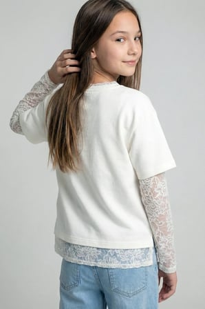 Dmb Boys & Girls Kız Çocuk Dantel Kollu Tshirt Ekru
