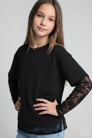 Dmb Boys & Girls Kız Çocuk Dantel Kollu Tshirt Siyah