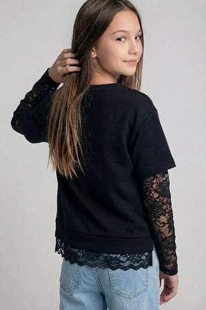 Dmb Boys & Girls Kız Çocuk Dantel Kollu Tshirt Siyah