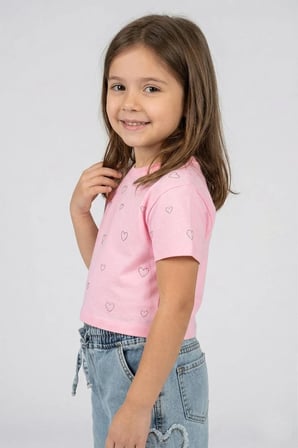 Kız Çocuk Crop Taşlı Kalp Desenli Tshirt Pembe 4-9 Yaş