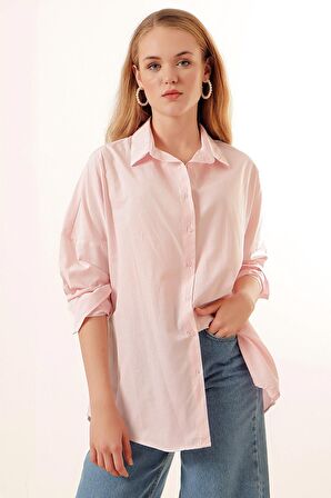 Kadın Pudra  Oversize Uzun Basic Gömlek HZL22W-BD139001
