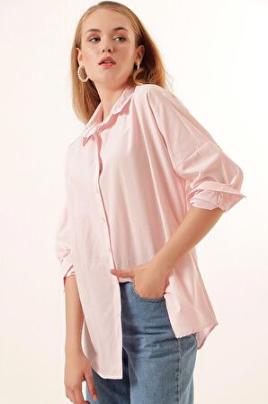 Kadın Pudra  Oversize Uzun Basic Gömlek HZL22W-BD139001