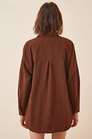 Kadın Kahverengi Oversize Uzun Basic Gömlek Hzl22w-bd139001