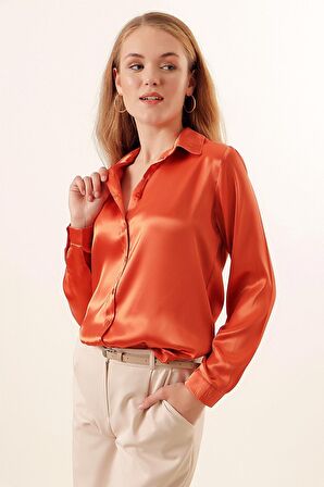 Kadın Oranj  Hafif Dökümlü Saten Yüzeyli Gömlek HZL22W-BD139641