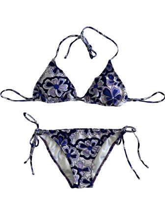 Kadın Lila Çiçek Desenli Boyundan İp Bağlamalı Üçgen Bikini Takımı HZL25S-LC5005