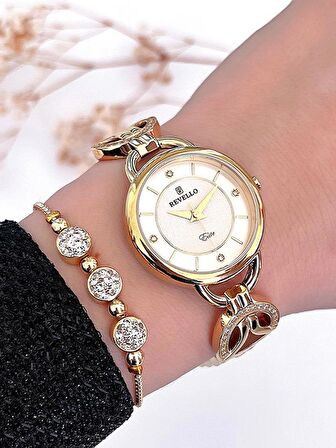 RVL-1446-F Revello Altın Kaplama Elite Swarovski Taşlı 30 Mt Su Geçirmez+Bileklik Lady Wristwatch