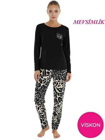 Kadın Desenli Bisiklet Yaka Düğmesiz Mevsimlik Likra Viskon Uzun Kol Pijama Takımı