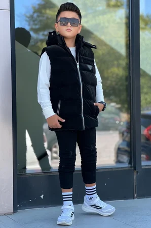 Erkek Çocuk Çıtçıt Kapüşonlu Nova Kumaş Şişme Yelek YLK3026
