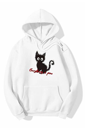 3 Iplik Polarlı Kapüşonlu Oversize Kalıp Hoodie Everyting Is Fine Kedi Tasarımlı Unisex Sweatshirt