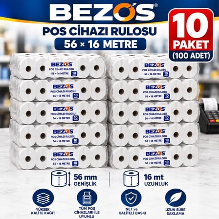 Termal POS Cihazı Rulosu 56 mm x 16 m - 100 Adet (10 Paket) Yazar Kasa Slip Rulosu