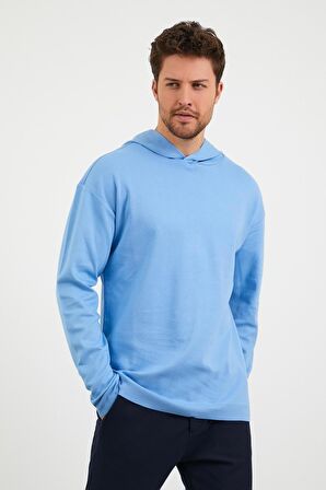 Erkek Comfort Fit Kapüşonlu Düz Sweatshirt Mavi