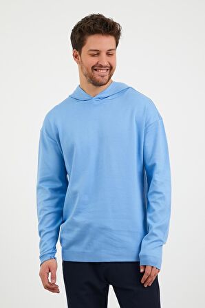 Erkek Comfort Fit Kapüşonlu Düz Sweatshirt Mavi