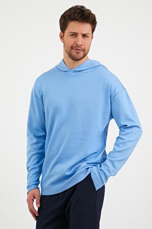 Erkek Comfort Fit Kapüşonlu Düz Sweatshirt Mavi