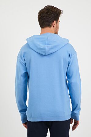 Erkek Comfort Fit Kapüşonlu Düz Sweatshirt Mavi