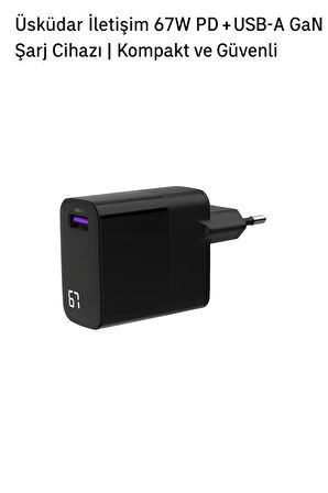 ÜSKÜDAR İLETİŞİM 67W  LED Ekranlı Hızlı Şarj Adaptörü | PD & USB-A | Seyahat Boyutu