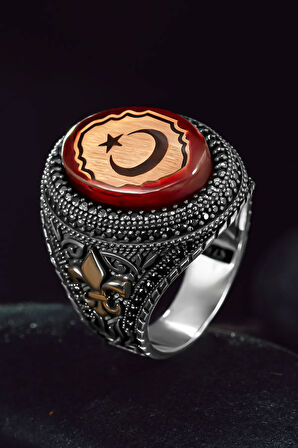 Erkek Gümüş Yüzük - Kırmızı Kehribar Taşlı Ay Yıldız İşlemeli Erkek Yüzük