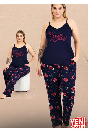 Lady Büyük Beden Lacivert Çiçek Desenli Pijama İnce Askılı Üst Pijama Takımı 11019
