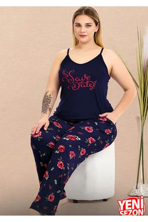 Lady Büyük Beden Lacivert Çiçek Desenli Pijama İnce Askılı Üst Pijama Takımı 11019