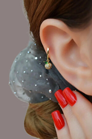 Zirkon Taşlı Yapraklı Meyve Charm Halka Piercing – Gold Renk | Helix, Kıkırdak, Lob Uyumlu | Tekli
