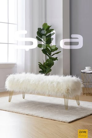 Şila Bench Beyaz Peluş - Gold Ayaklı 90 Cm