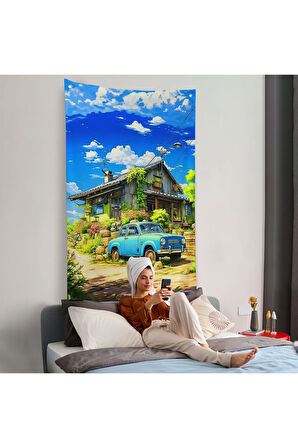 Şirin Ev Önündeki Mavi Araba Duvar Örtüsü-7688